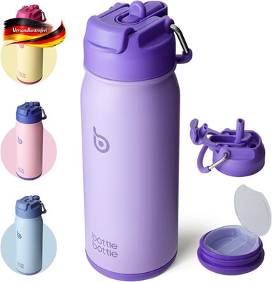 Edelstahl Trinkflasche 473ml mit Strohhalm und Pillenfach für Sport, Uni, Schule