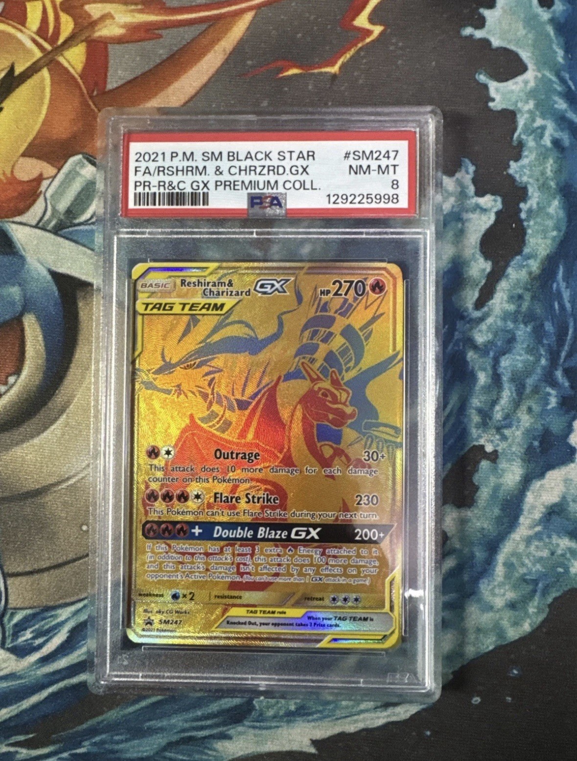 2021 POKEMON SM BLACK STAR PROMO #SM247 FULL ART RESHIRAM & CHARIZARD GX PSA 8