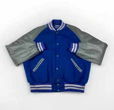 Vintage 80s Varsity Jacket Holloway Blue Grey Leather Wool Sz XL Quilted USA