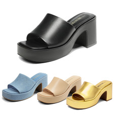 Women Chic Chunky Platform Block Heel Square Toe Y2K Slide Heeled Sandals
