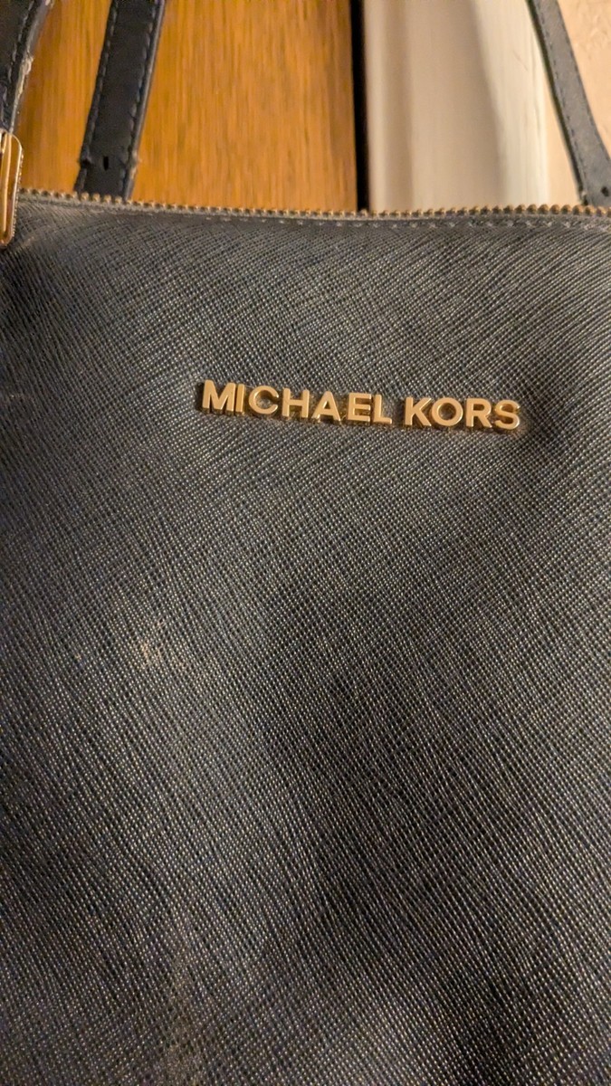 Michael Kors Black Tote Bag Gold Hardware Logo Charm Zip Closure