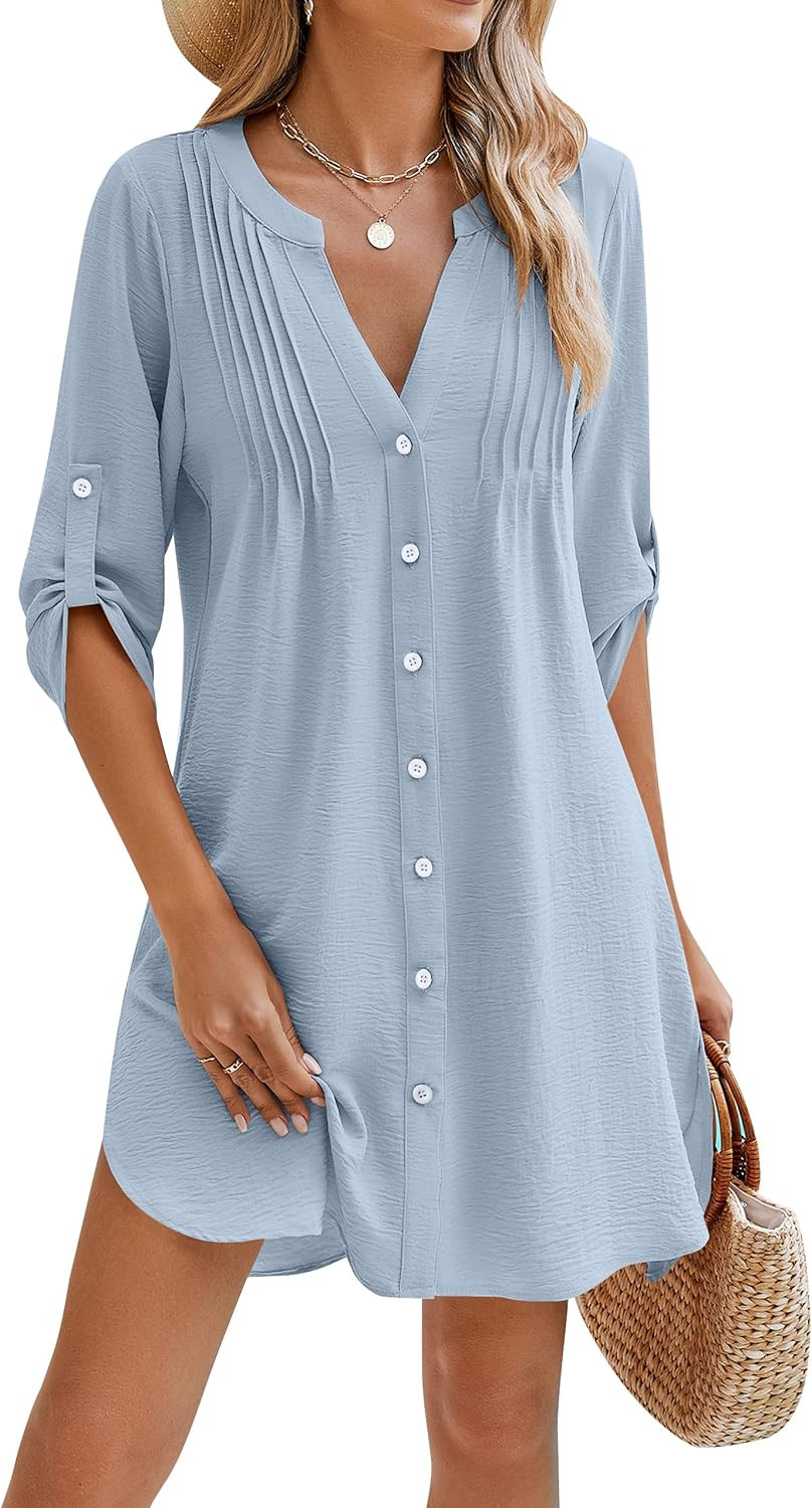 Women Beach Cover Ups V Neck Button down Swimsuit Coverup Swimwear Bathing XL