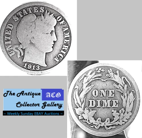 Antique 1913⌛US Philadelphia Mint Silver Barber Dime🪙Part Liberty🪙