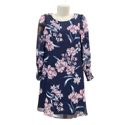 Jessica Howard Women's Navy Floral Print A-Line Smooth Sheer Woven Dress Size 8