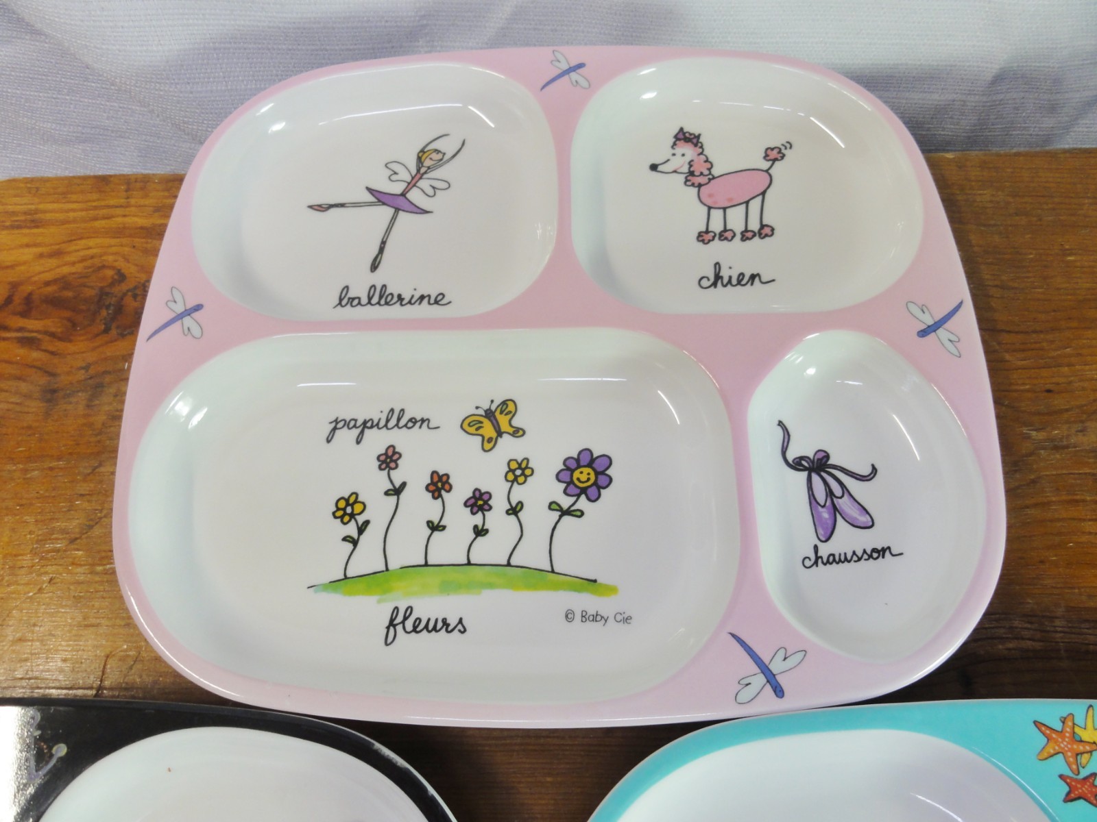 3 Baby Cie Divided Melamine Plates French Ballerina Pirate Ocean Theme EUC