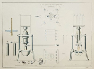 August von Voit - Hydraulische Presse Baumwolle Zeichnung signiert 1854
