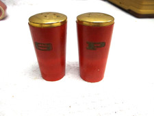 Vtg MCM Atomic Era Wooden Salt  Pepper Shaker Set Dark Orange Gold Top Japan