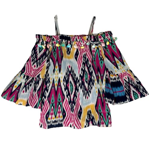Figue Saks Bohemian Ikat Silk Blouse Top Size Small Tassels Pink Off Shoulder - Picture 2 of 11