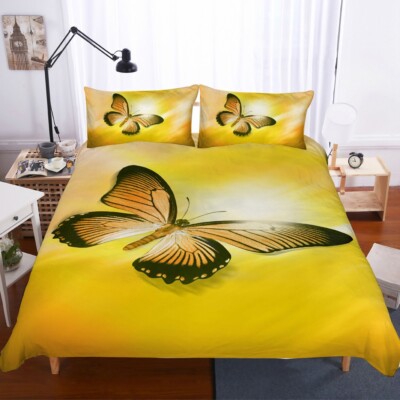 3D Butterfly Yellow Background Quilt Cover Set Bedding Sets Pillowcases 64
