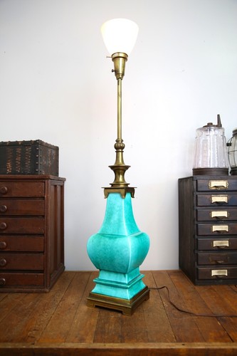 Vintage Stiffel Asian Pagoda Style Emerald Ceramic Brass Table Lamp Mid Century - Picture 2 of 13