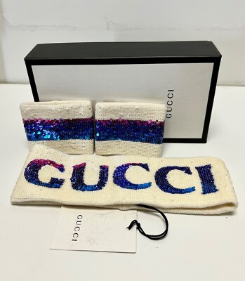 GUCCI White Rainbow SEQUIN HEADBAND WRIST CUFF Set Sport Retro