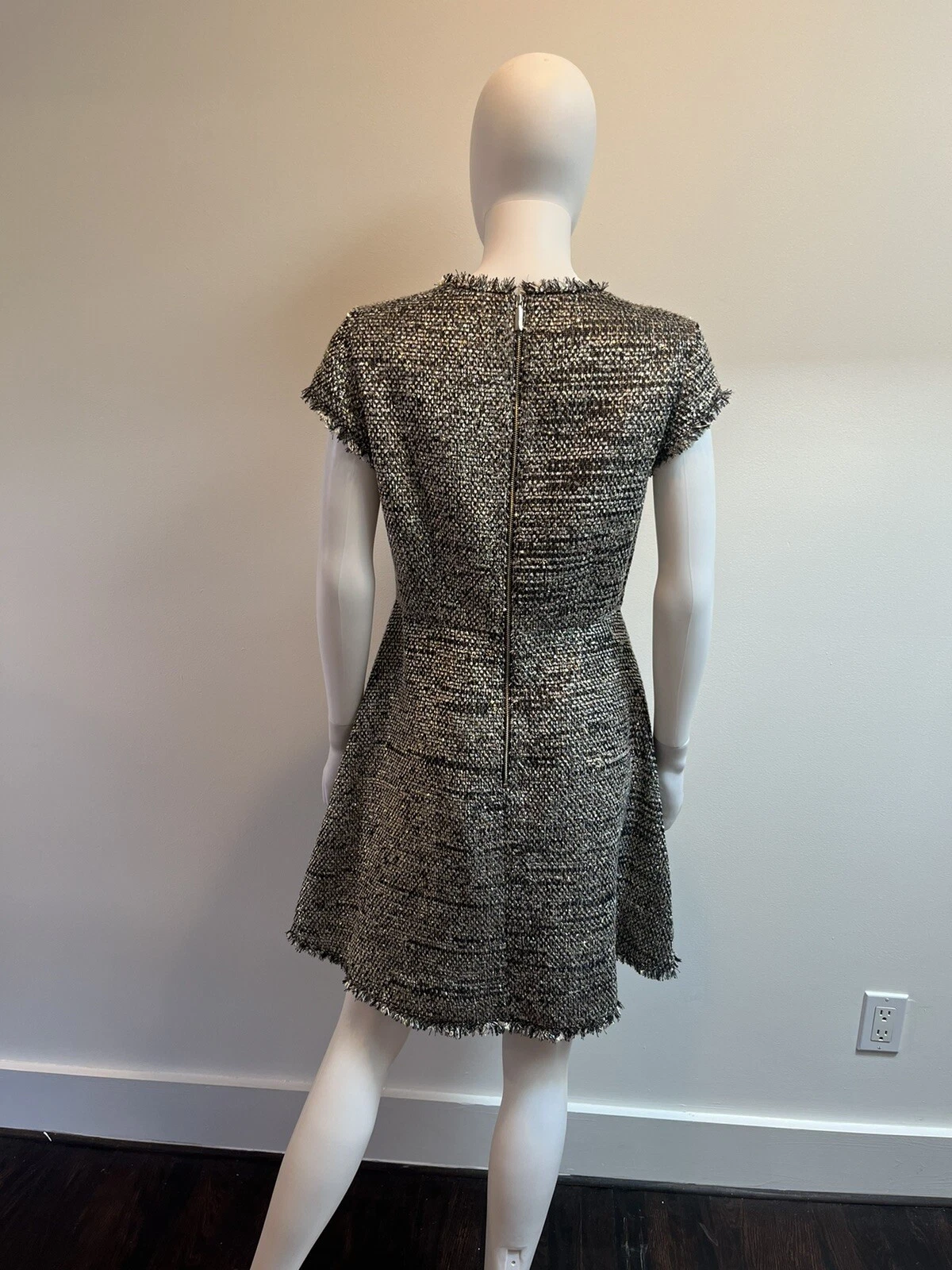 Abito da festa Kate Spade 10 nuovo con etichette in tweed metallizzato oro nero argento $429