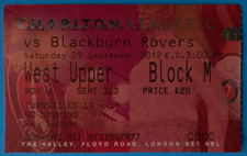 CHARLTON ATHLETIC v BLACKBURN ROVERS 2012-13 CHAMPIONSHIP MATCH TICKET
