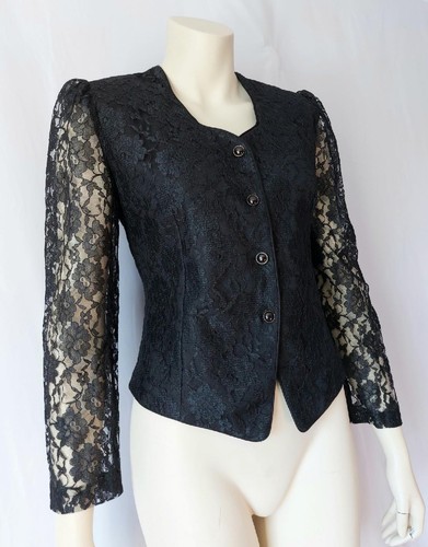 BLACK LACE Vintage 1980s GLAM PUFF SLEEVE BLOUSE JACKET - M / L - Picture 2 of 6