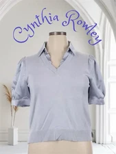 Cynthia Rowley M Blouse Top Short Puff Satin Sleeve Light Blue Medium Mock Vest