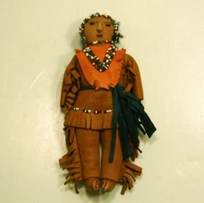 Antique Handmade American Indian Doll Leather Beaded w/ Nose