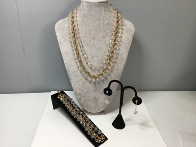 Vtg Sarah Cov Triple strand beaded necklace Parure Set Golden Ice Lucite 1976.