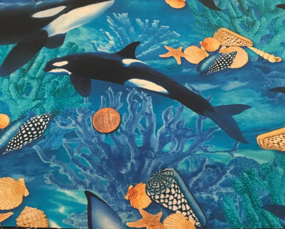 Orca Whales*Shells*Coral*Swimming*Blue Water*Michael Miller*22" x 8"*100% Cotton - Image 2 of 4