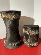 Set Of 2 Handmade African Bongo Drums With Strap, Wrapped With Animal Leather 