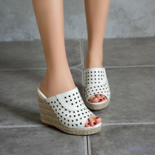 Women's Hollow Out Mesh Slingbacks Wedge Heels Platform Open Toe Slipper Sandals - Picture 9 of 17