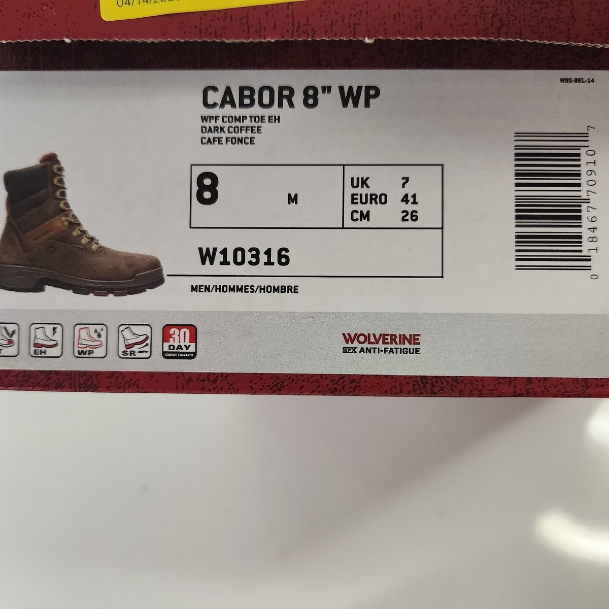 Wolverine Mens Dark Coffee Leather Cabor WP 8in Work Boots Size 8M