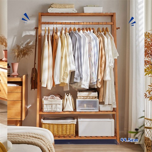 Heavy Duty Clothes Rack Solid Wood Garment w/ 3 Shelves Purse Hanging Side Hooks - Picture 12 of 12