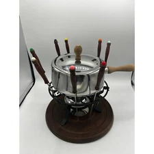 Vintage 1970s Fondue Pot Stainless Steel Wood Handle Forks Fred Roberts 7 Pc