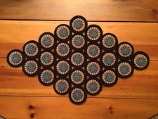 PRIM WOOL FELT PENNY RUG TABLE RUNNER CANDLE MAT BLACK, CAMEL AND COLONIAL BLUE