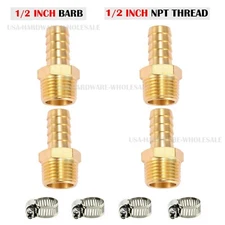 (4 Pack) 1/2" Hose Barb X 1/2" MALE NPT Brass Pipe Fitting NPT Thread + Clamps