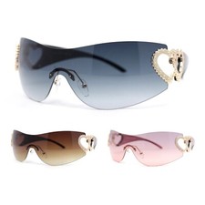 Womens Heart Jewel Wrap Around Curved Shield Monoblock Rimless Sunglasses