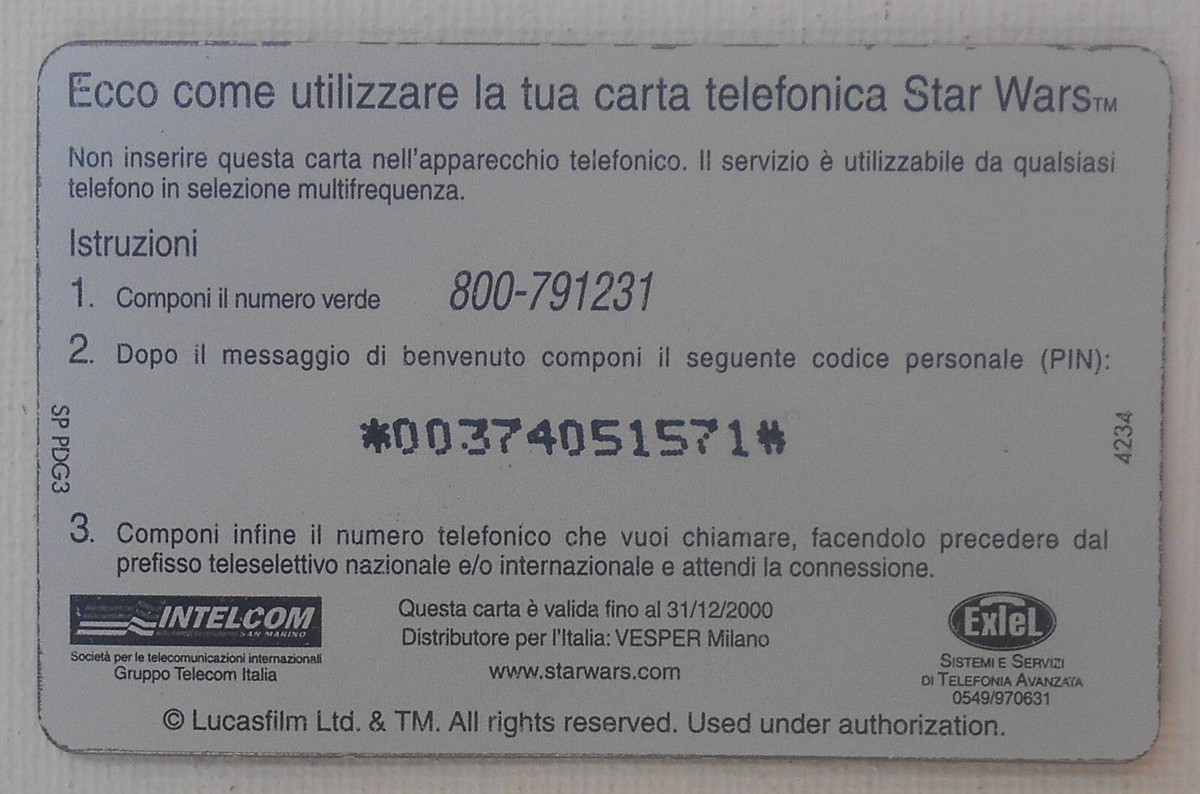 STAR WARS SCHEDA TELEFONICA 3D INTELCOM EXTEL 200 UNITS DARTH