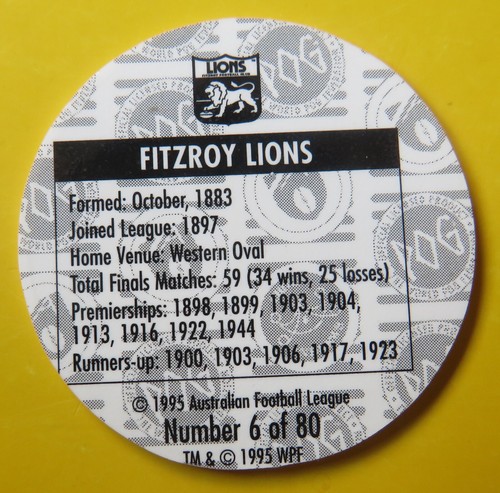 1995 AFL Rare BLUE "Club Emblem" Pog: FITZROY (Lions) - Picture 2 of 2