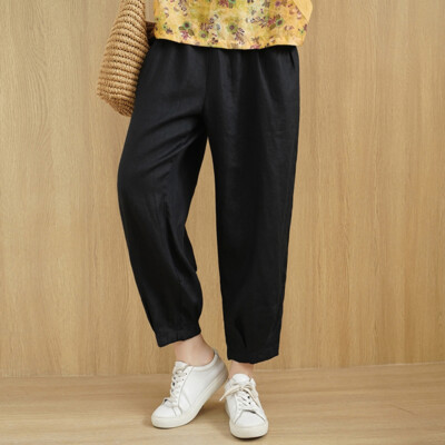Donna Cotone Lino Corto Pantaloni Larga Affusolato Pantaloni Larghi Tasca  Estate | eBay