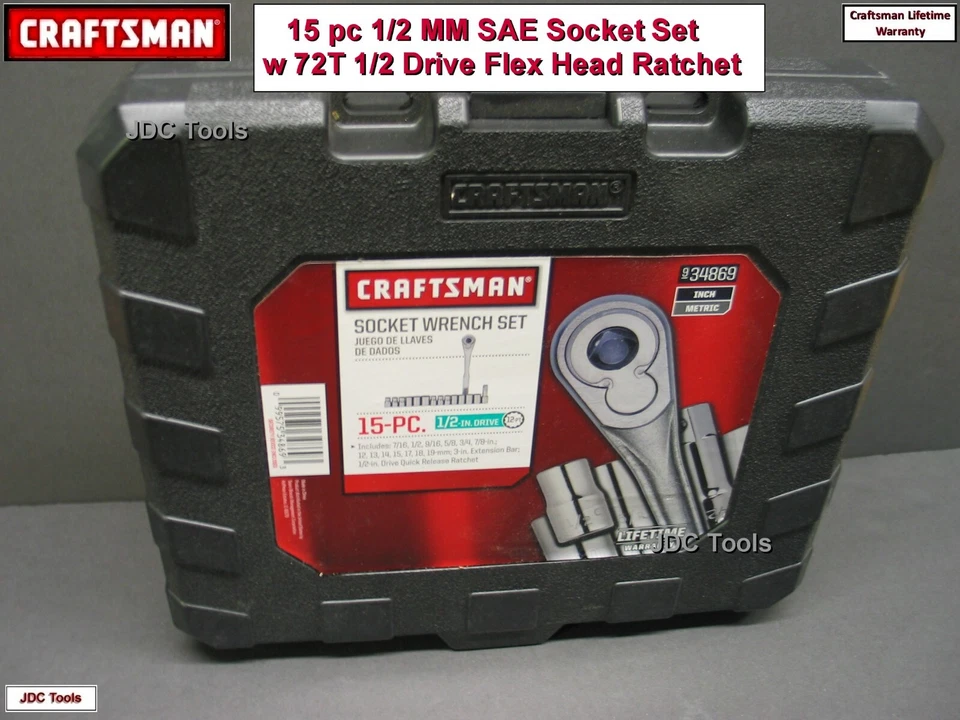 CRAFTSMAN 15 pc 1/2 Drive SAE MM Socket Set w 72T FLEX Head Ratchet Wrench - Image 2 of 3