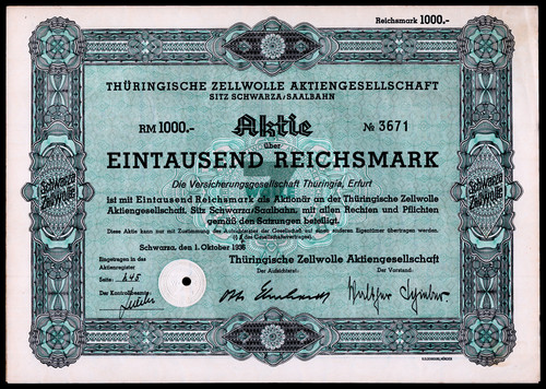 1936 Thüringische Zellwolle IPO ℛℳ1000 Stock Nazi Synthetic Fiber Conglomerate F
