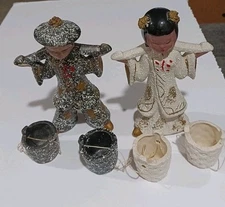 Vintage 1950’s Hand Painted Sugar Glaze Ceramic Asian Girl Boy & Buckets Japan