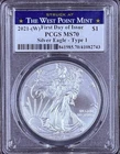 2021-(W) Type 1 Silver Eagle PCGS MS70 West Point First Strike