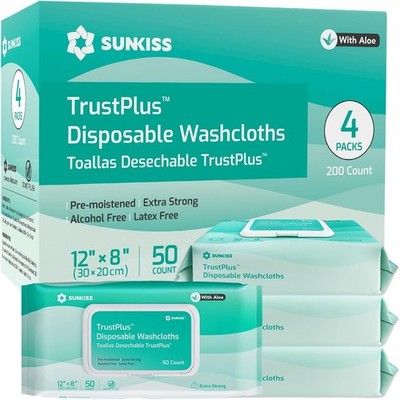 SUNKISS Wet Wipes for Adults, Fragrance-Free, Pack of 200 (4 x 50) | Extra Thick