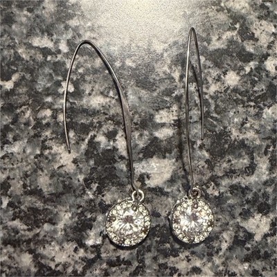 Silver Tone Clear Round Halo Dangle Drop Earrings, Hook, Lobe, Fashion Costume