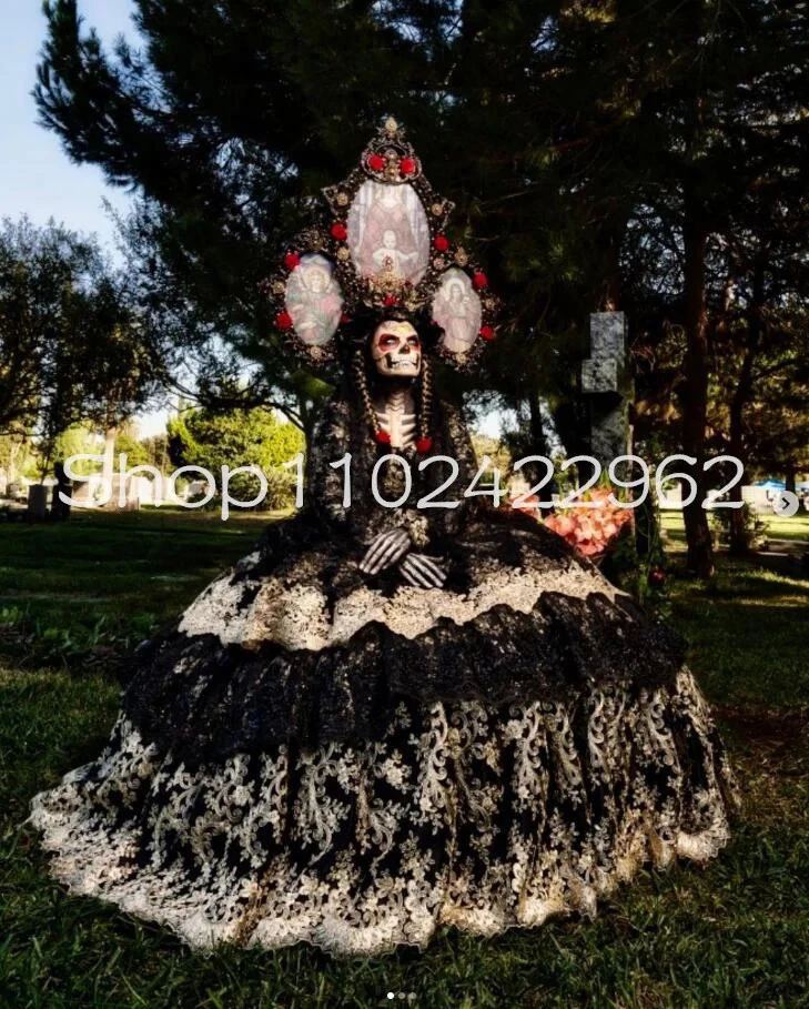 Vestidos de Halloween Charro Catrina dorados negros mexicanos manga larga apliques encaje Foto 2 de 4