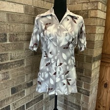 70s VTG JCPenney Mens Disco Shirt Gray Leaf Print Camp Collar Sz S 14-14.5 39E4