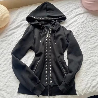 Y2K New Emo Fashion Rivet Zipper Hoodie Women Harajuku Black Oversized Hoodie Go