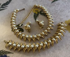 Vintage 1960s Faux Pearl  Rhinestone Suite - Necklace, Bracelet  Earrings Set