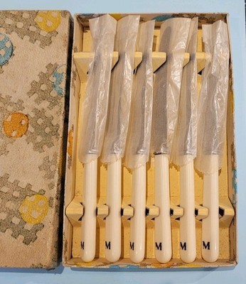 Vintage VERPACKTES 6er Set TEEBUTTER Kunstknochen Edelstahl B&J SIPPEL Messer