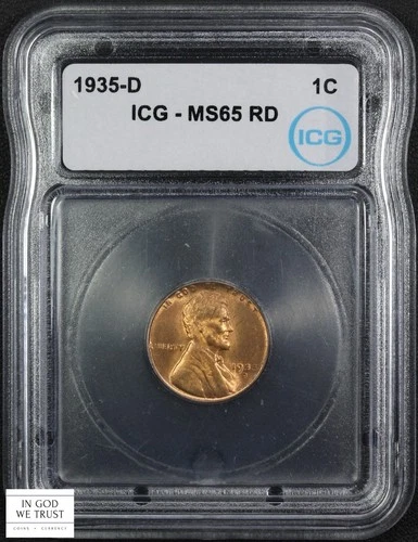1935 D RED Lincoln Wheat Copper Cent 1C ICG MS 65 RD