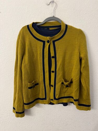 J Crew mustard yellow and navy merino wool sweater cardigan women size large