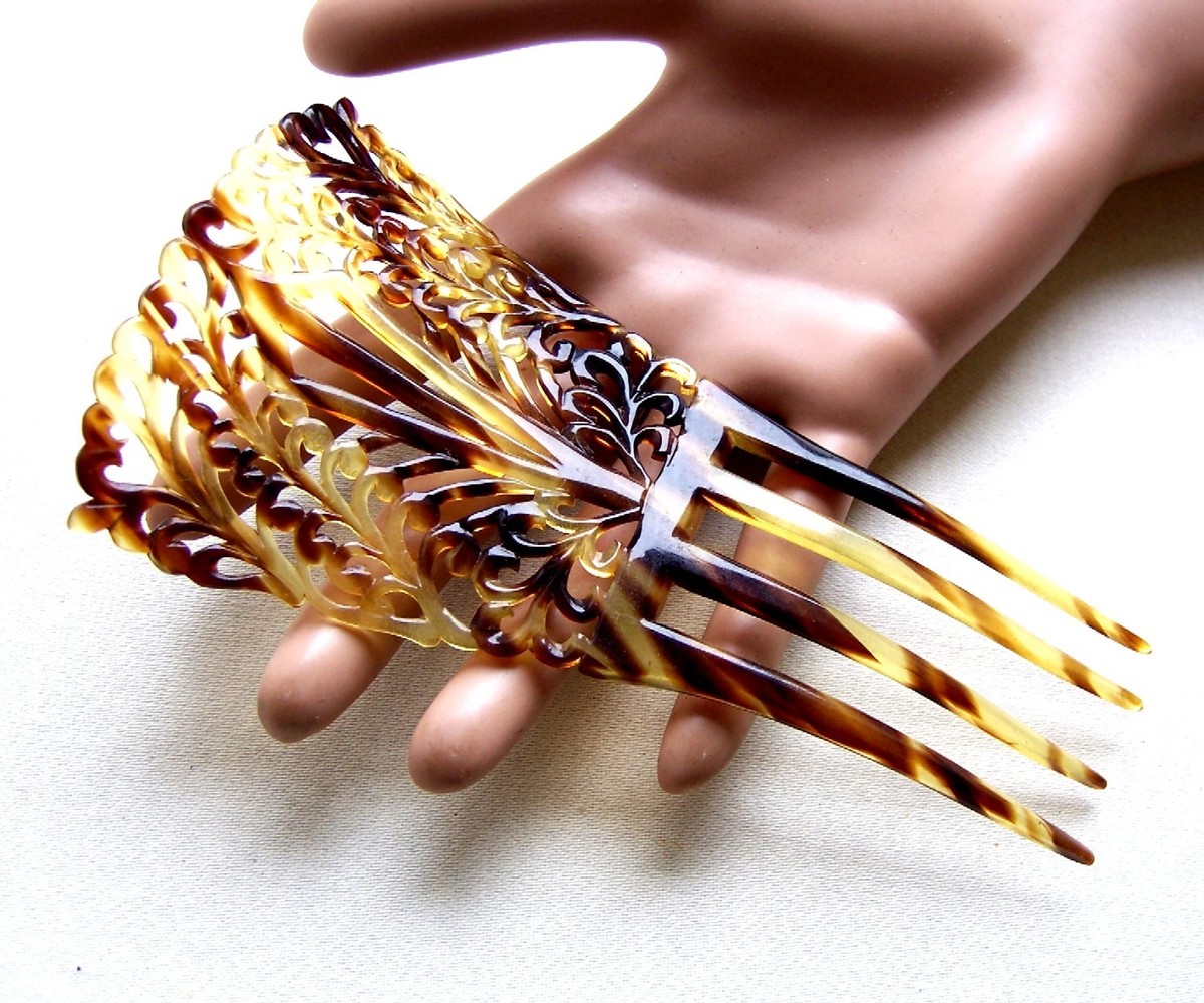 Victorian Faux Tortoise Shell Celluloid Hair Comb Victorian hair comb faux tortoiseshell with gold pique hair  main image 3