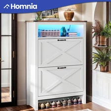 24 Pairs Shoe Cabinet 2 Flip Drawers Rack Bottom Storage Open Shelf LED Light