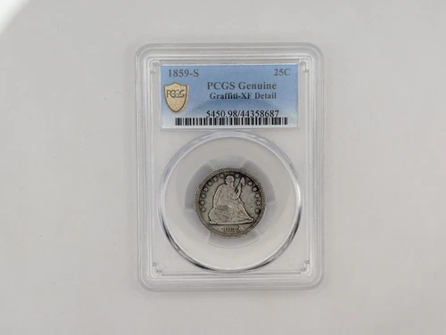 1859 S Seated Liberty Quarter 25C PCGS Genuine Graffiti XF Detail