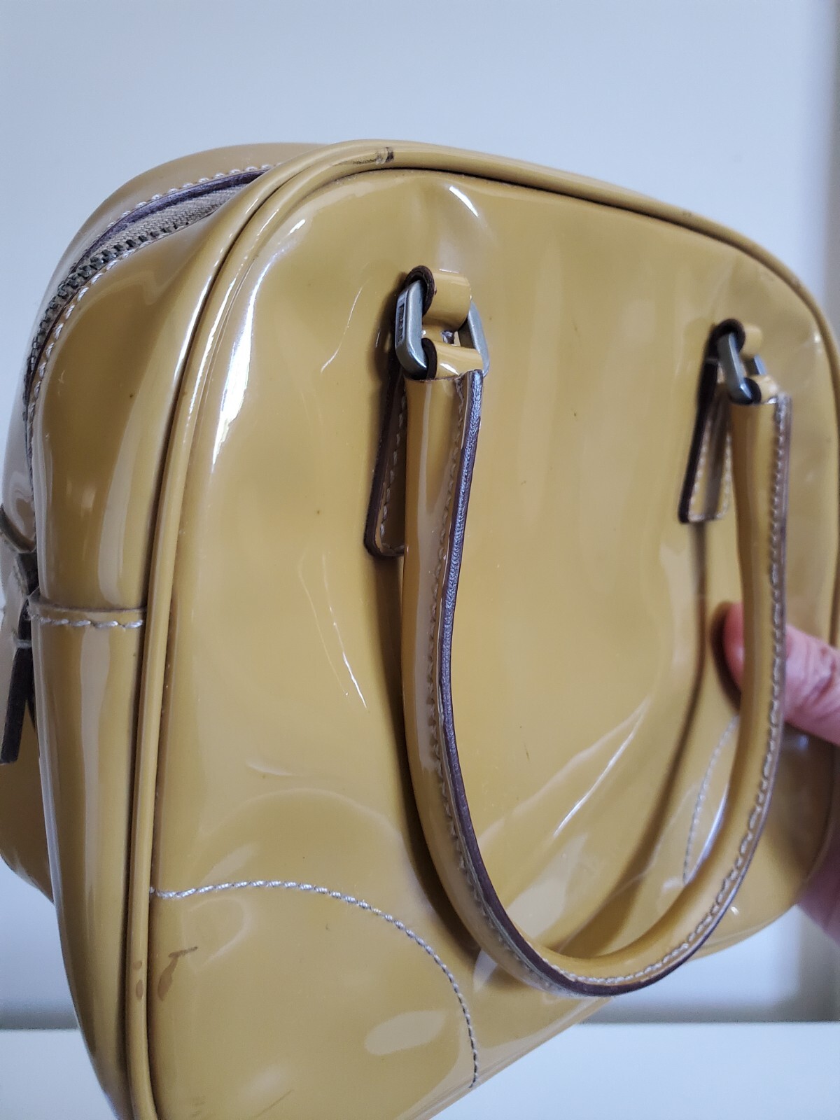 PRADA Patent Leather Bauletto 24 Mini Bag Mustard Yellow Brown Small Handbag  thumbnail 3